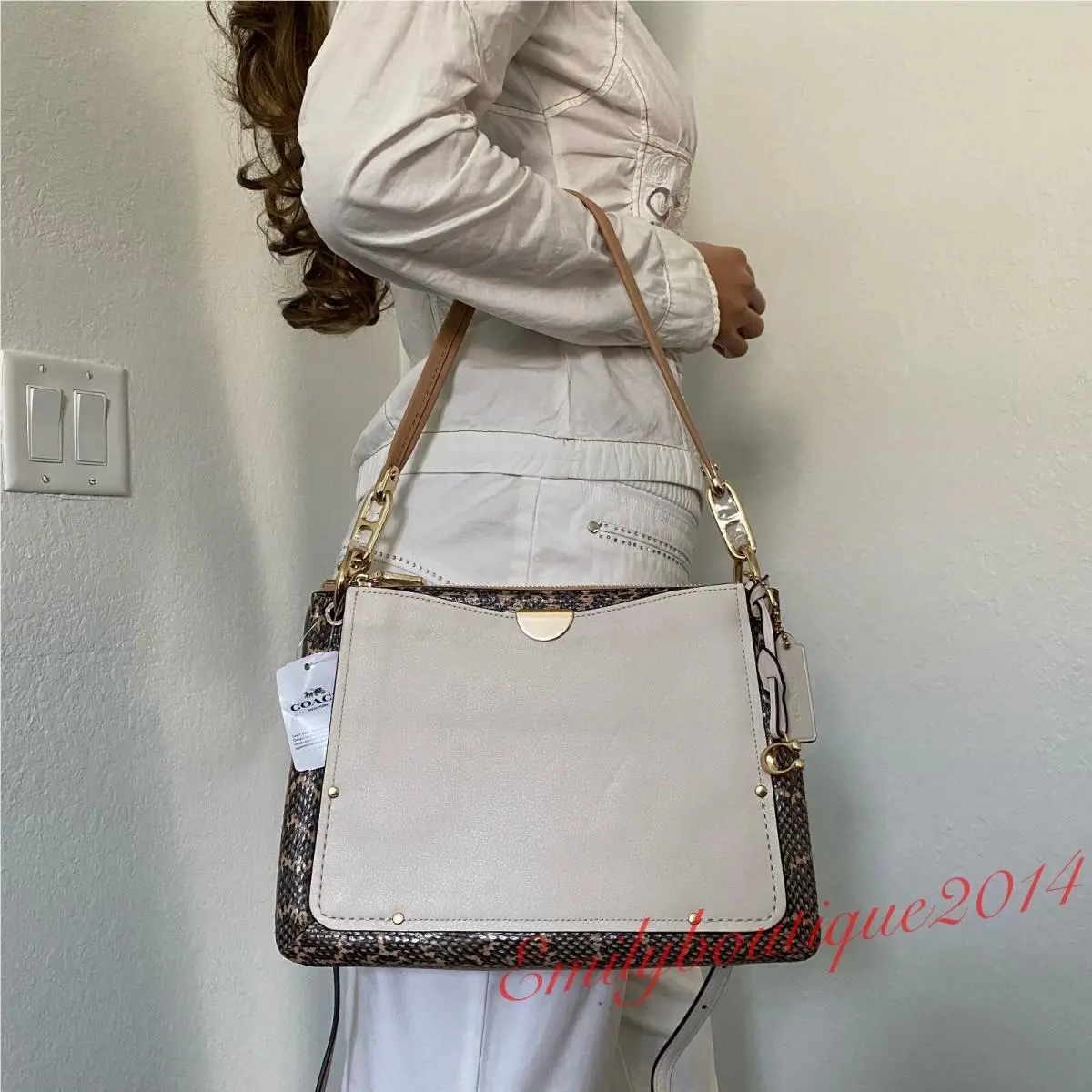 54162 Dreamer Shoulder Bag with Snakeskin Leather Crossbody Chalk by Coach
