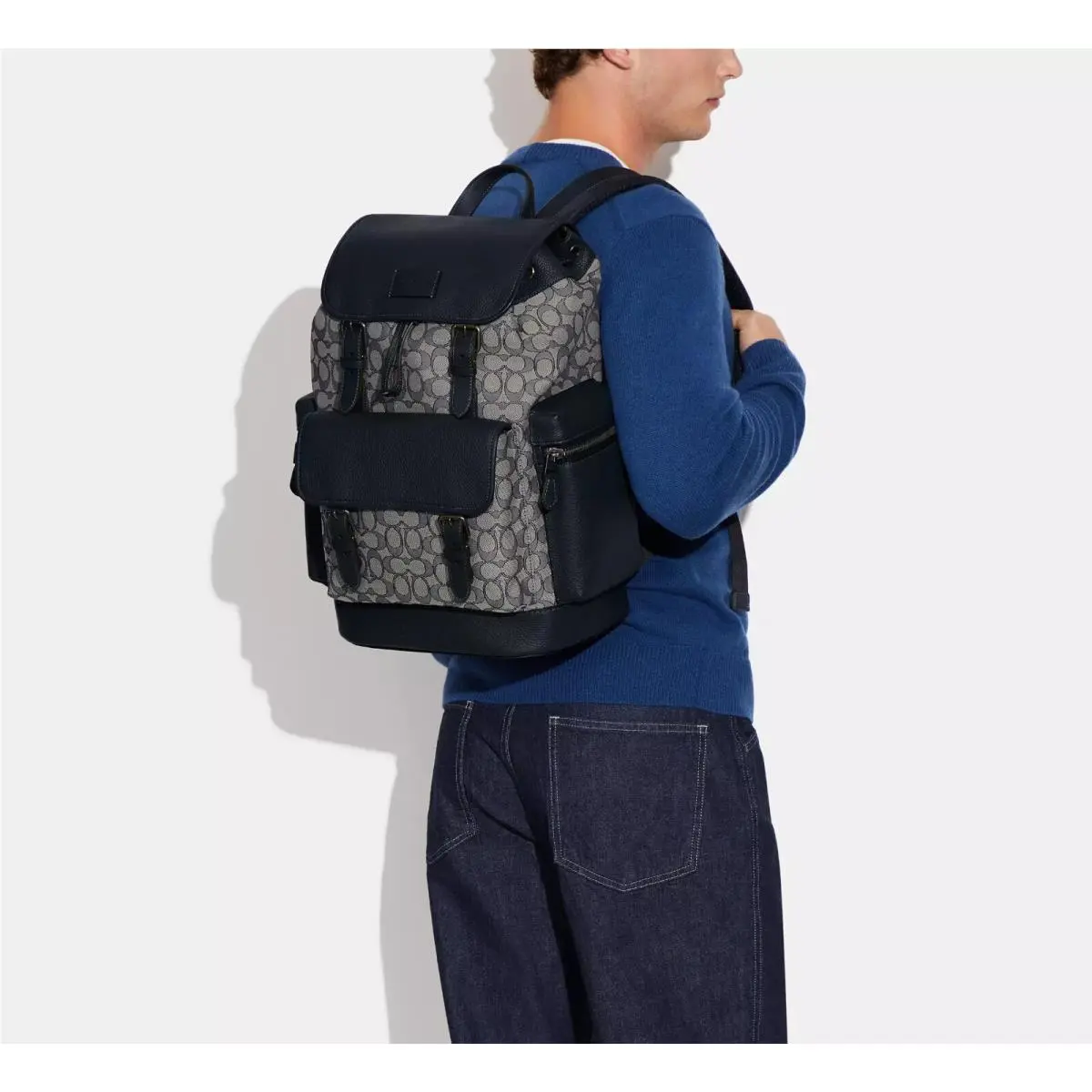 CE523 Spring Backpack In Signature Jacquard Navy Midnight Bag by Coach