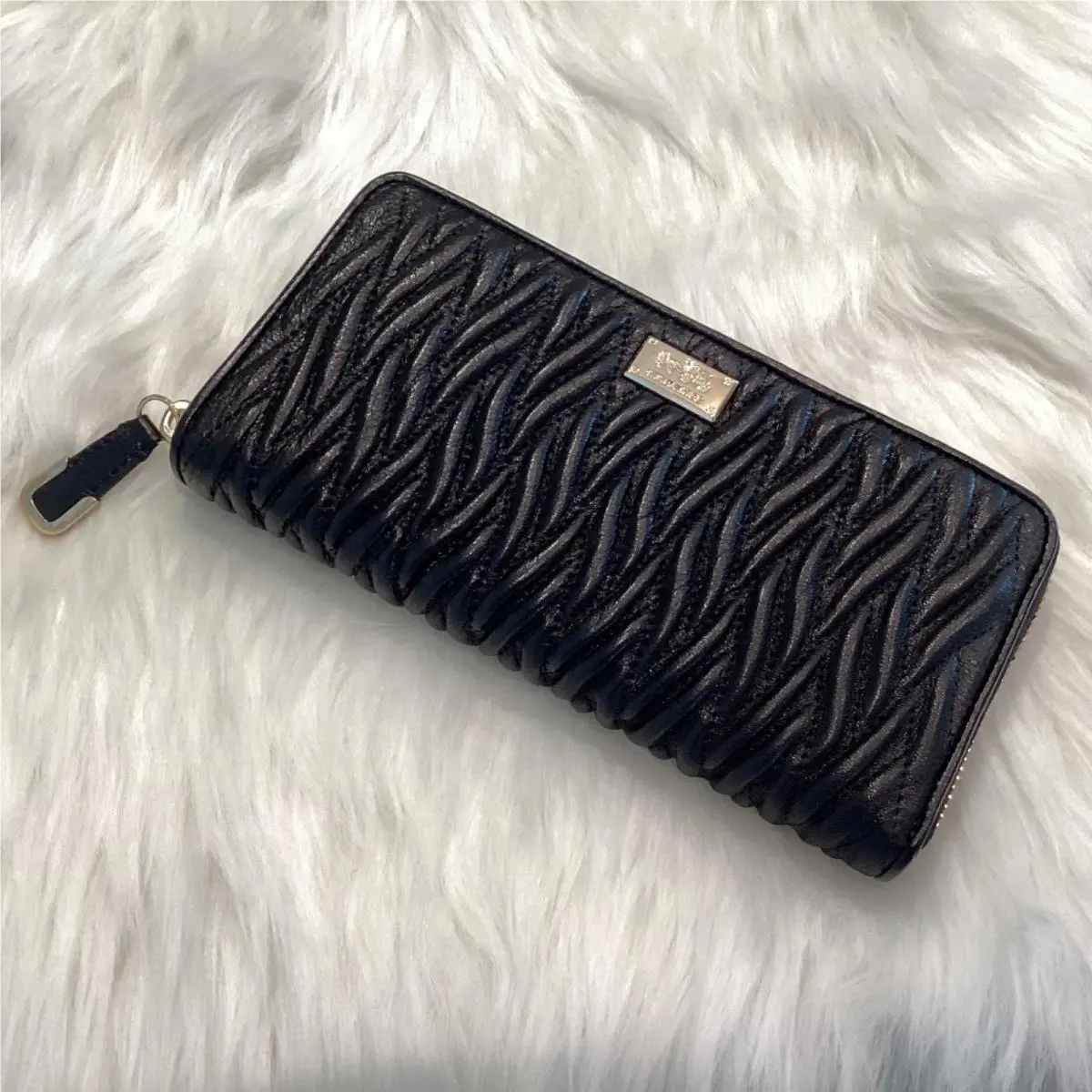 Wallet Black Leather Quilted Zip Around Textured Accordion Continental by Coach
