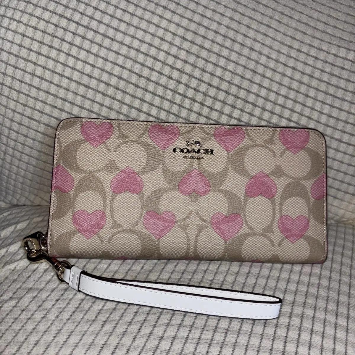 Long Zip Around Wallet In Signature Canvas Heart Print Pink Beige by Coach