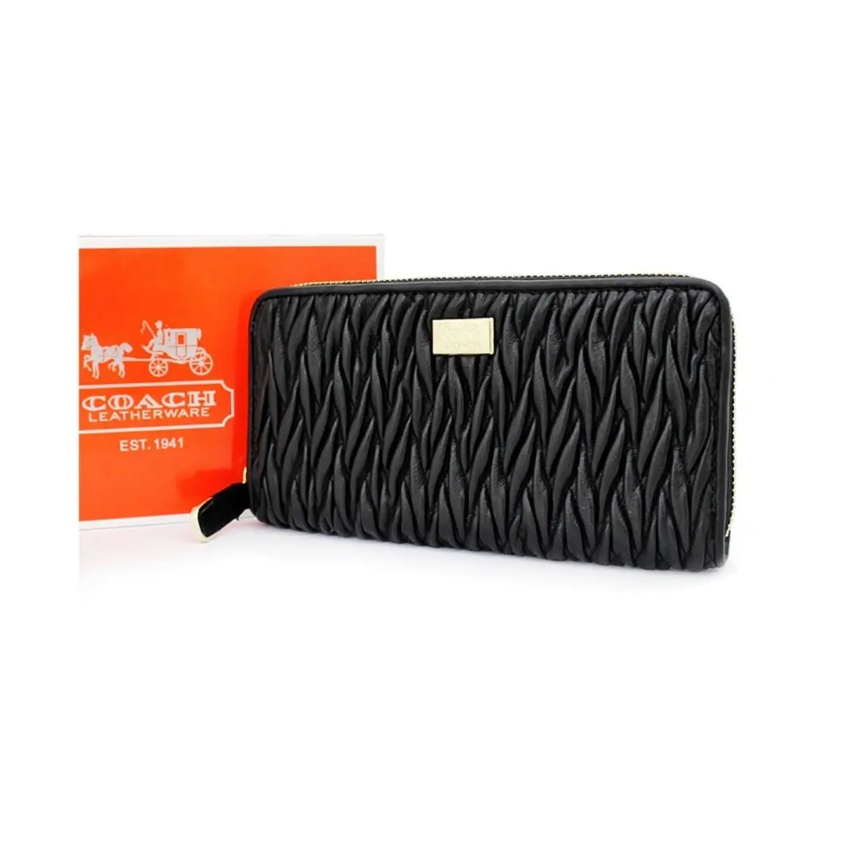 Wallet Womens Black Leather Quilted Zip Around Textured Accordion Long by Coach