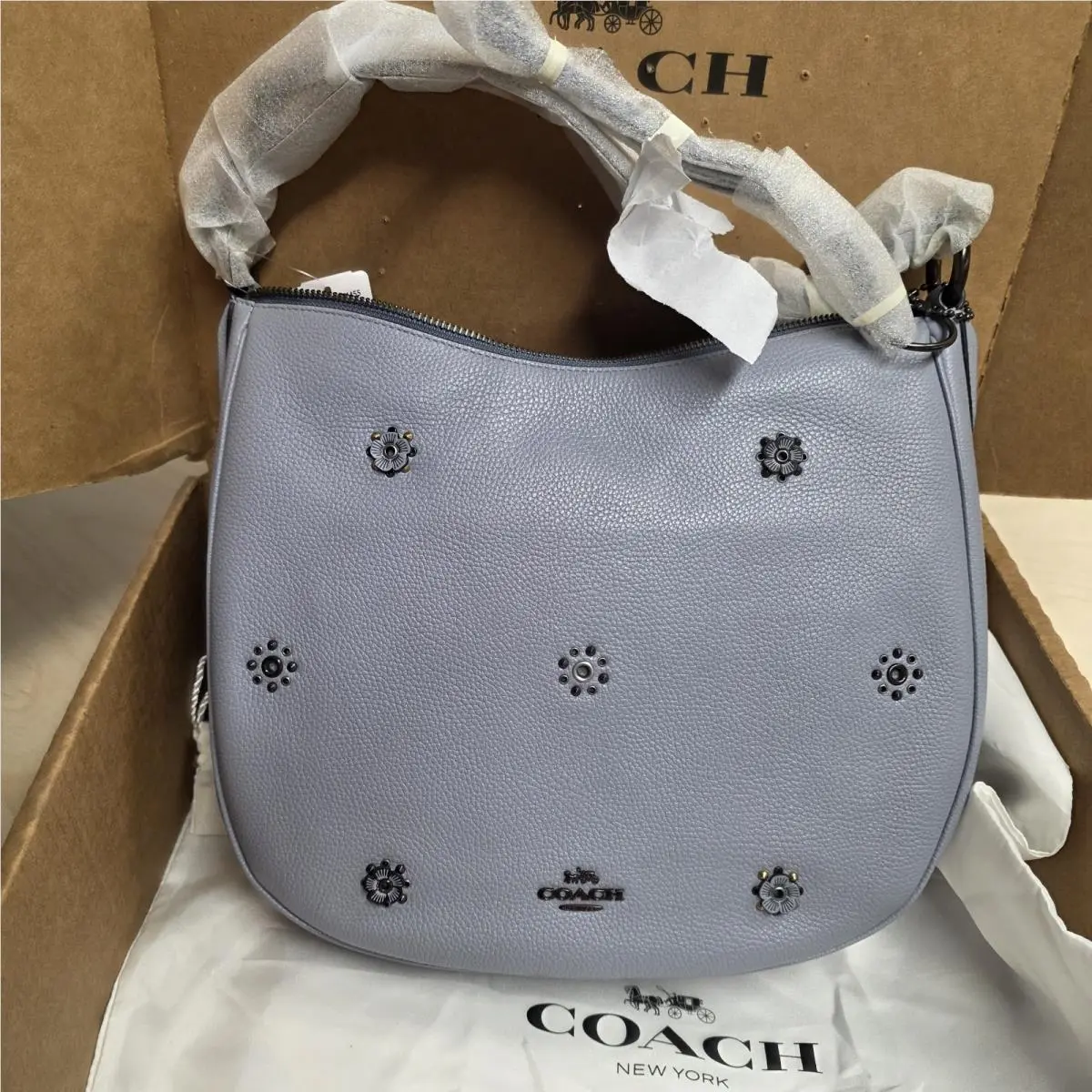 Sutton Hobo Slate Blue Pebbled Leather Scattered Rivets Shoulder Bag by Coach