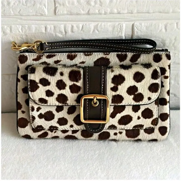 CEN13 Ashton Wristlet In Printed Haircalf Leather Dark Brown Chalk by Coach