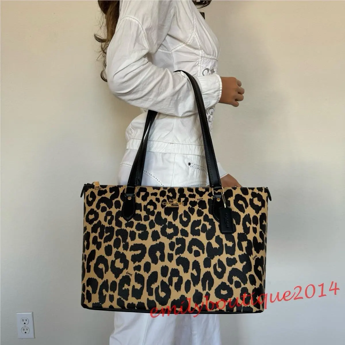 CY347 Gallery Tote Zip Bag with Leopard Print Coated Canvas Brown by Coach