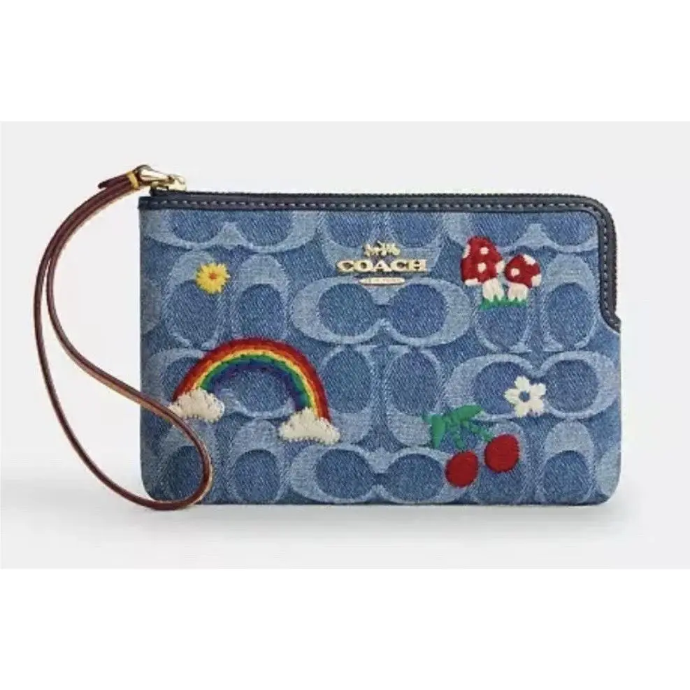 Signature Denim Corner Zip Wristlet and Enamel Mushroom Charm by Coach