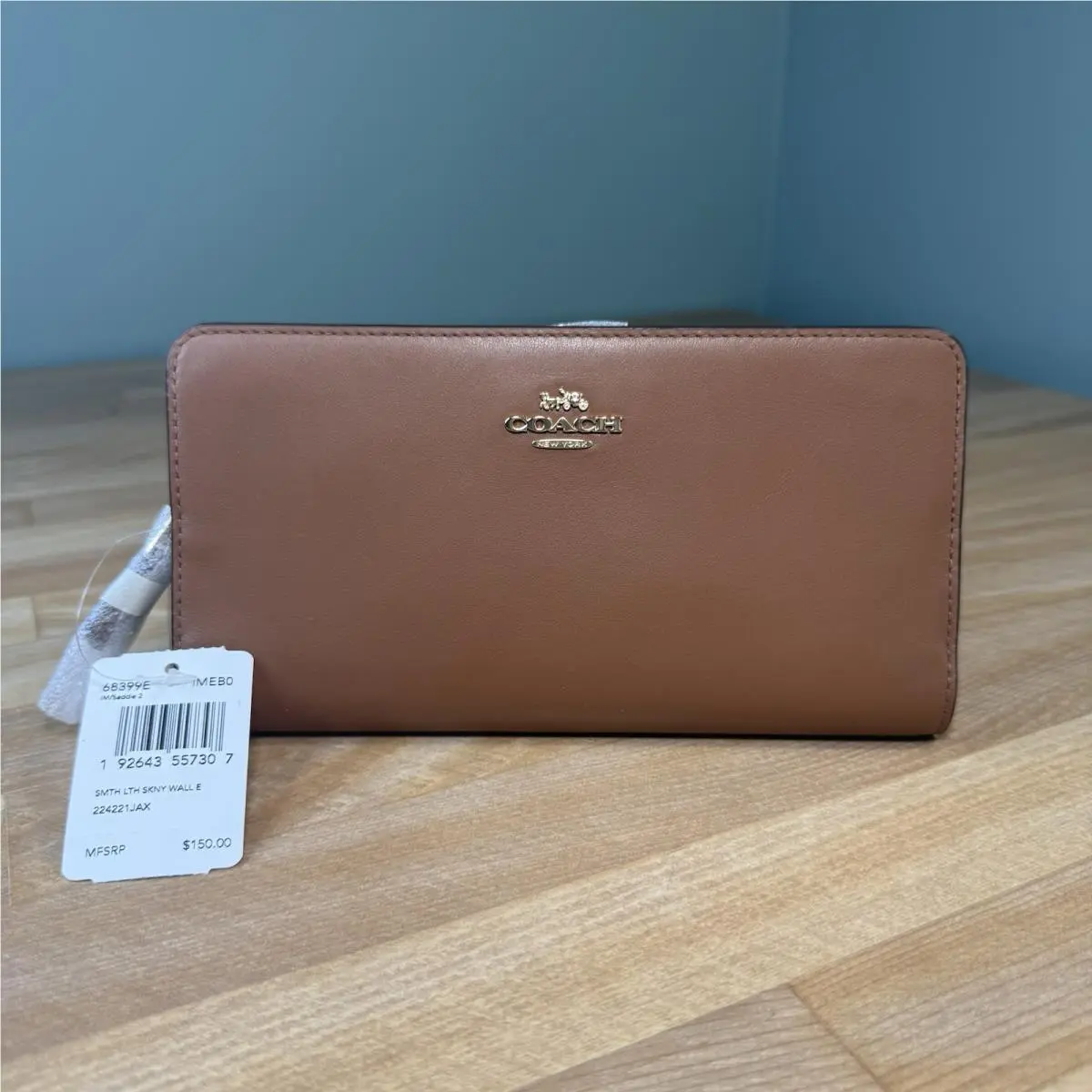 Skinny Wallet Smooth Saddle Brown Leather Coin Pouch Gold Slim 8”x4” by Coach