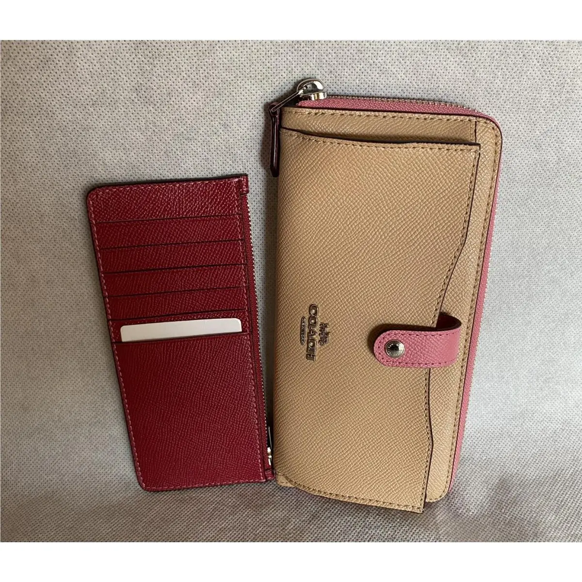 Pink Taupe Colorblock Crossgrain Leather Multi Function Zip Wallet by Coach