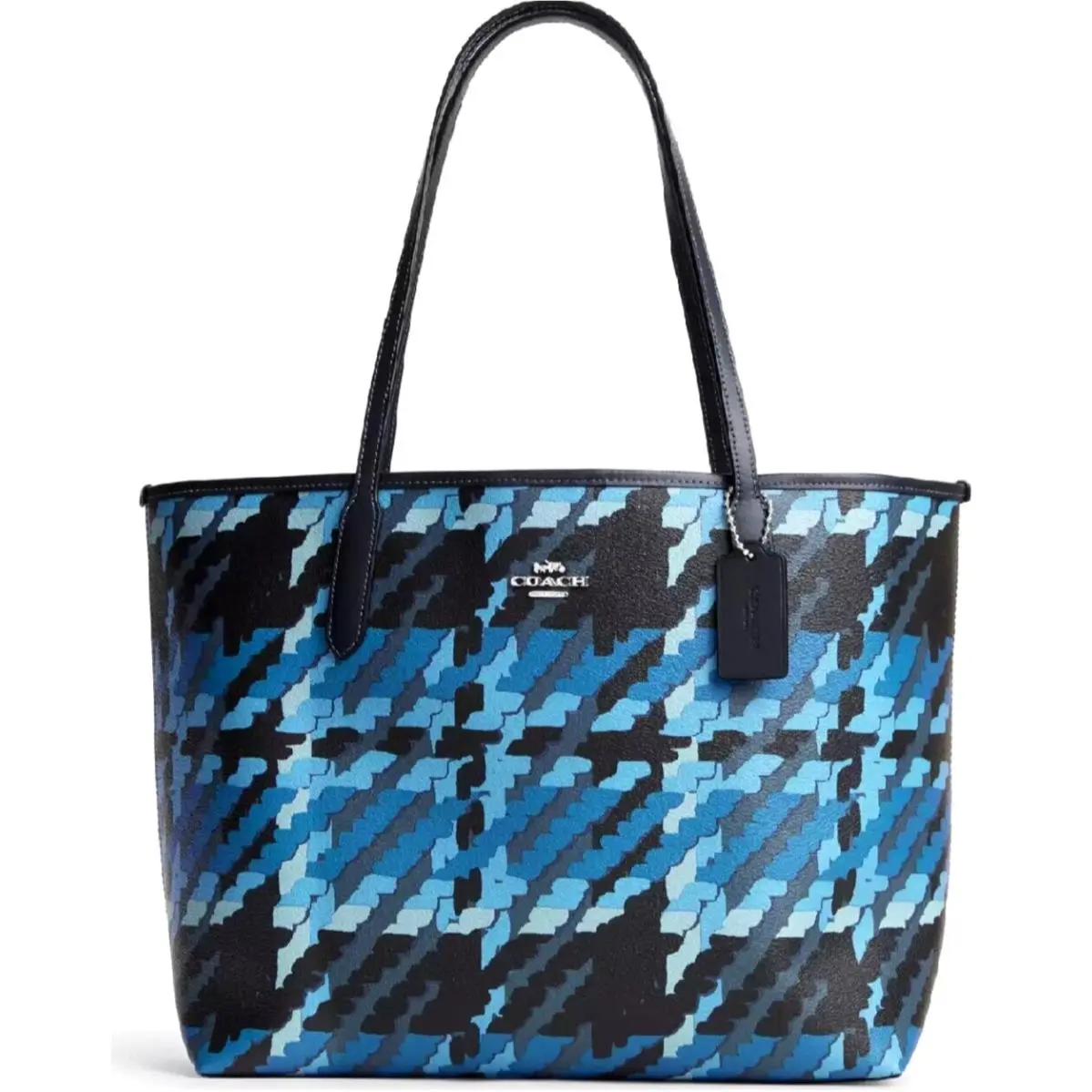City Tote with Graphic Plaid Print CM160 In Blue Multi Canvas Silver by Coach
