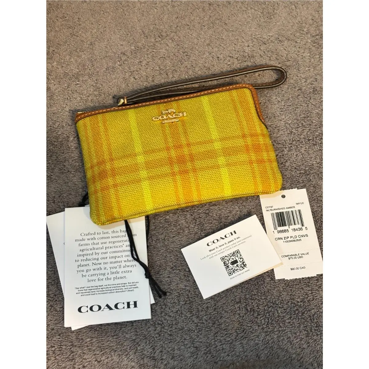 CEF87 Corner Zip Wristlet Regenerative Cotton Plaid Burnished Amber by Coach