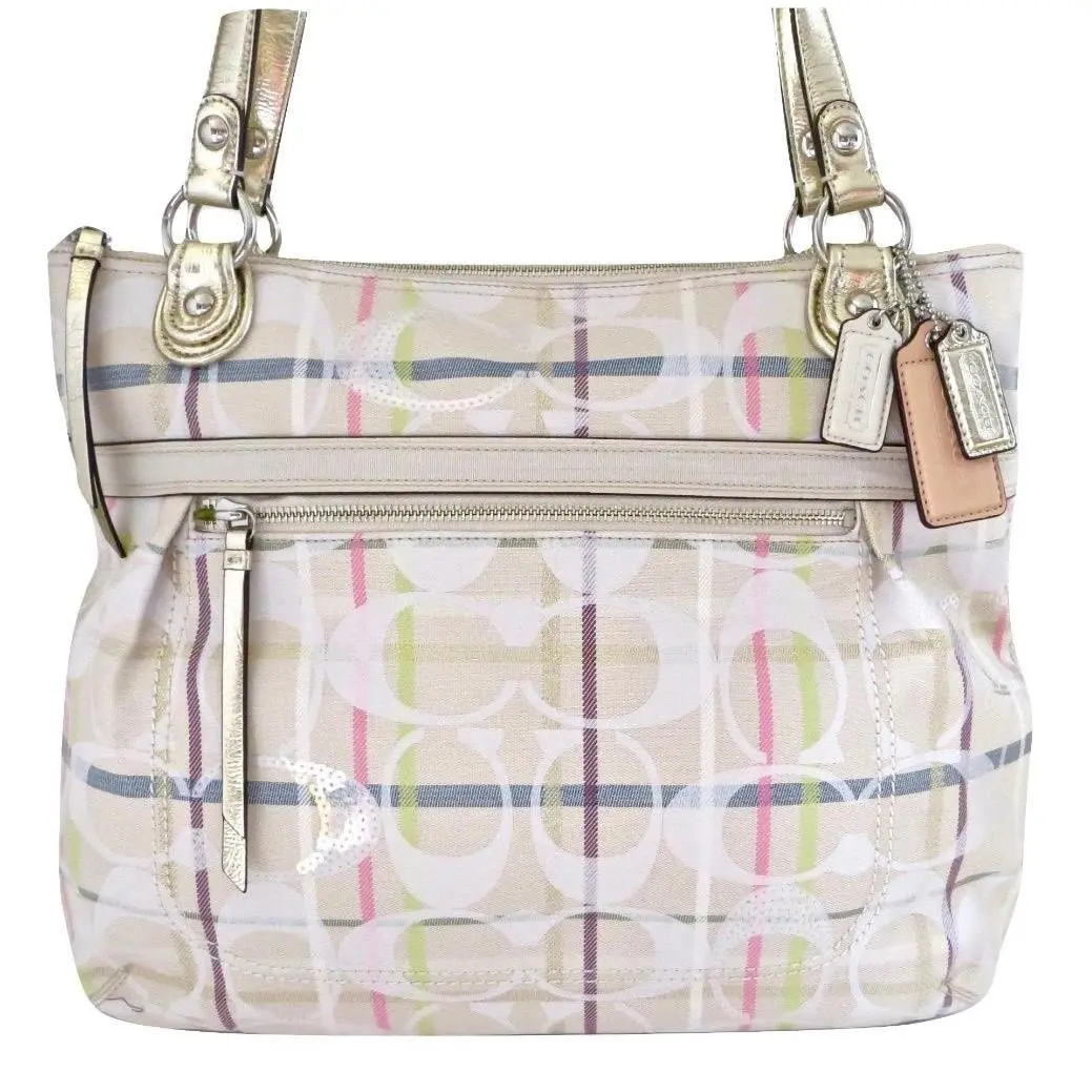 Poppy Signature Ivory Gold Tattersall Sequined Glam Tote Purse by Coach