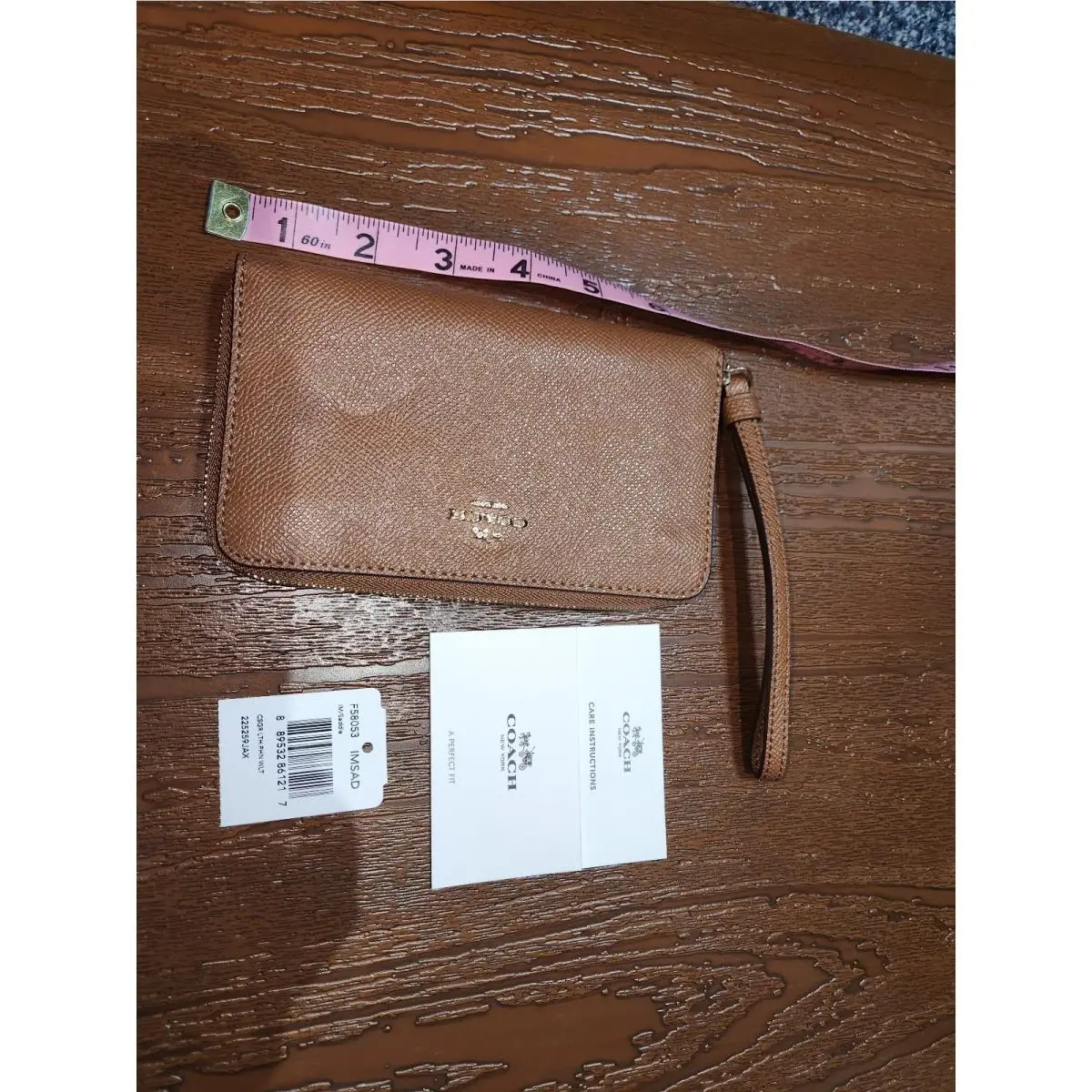 Brown Leather Cross Grain Zip Around Wallet Wristlet with Gold Logo by Coach