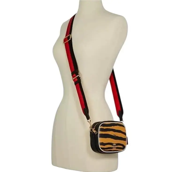 Mini Dempsey Camera Bag with Tiger Print Gold Honey Black Multi by Coach