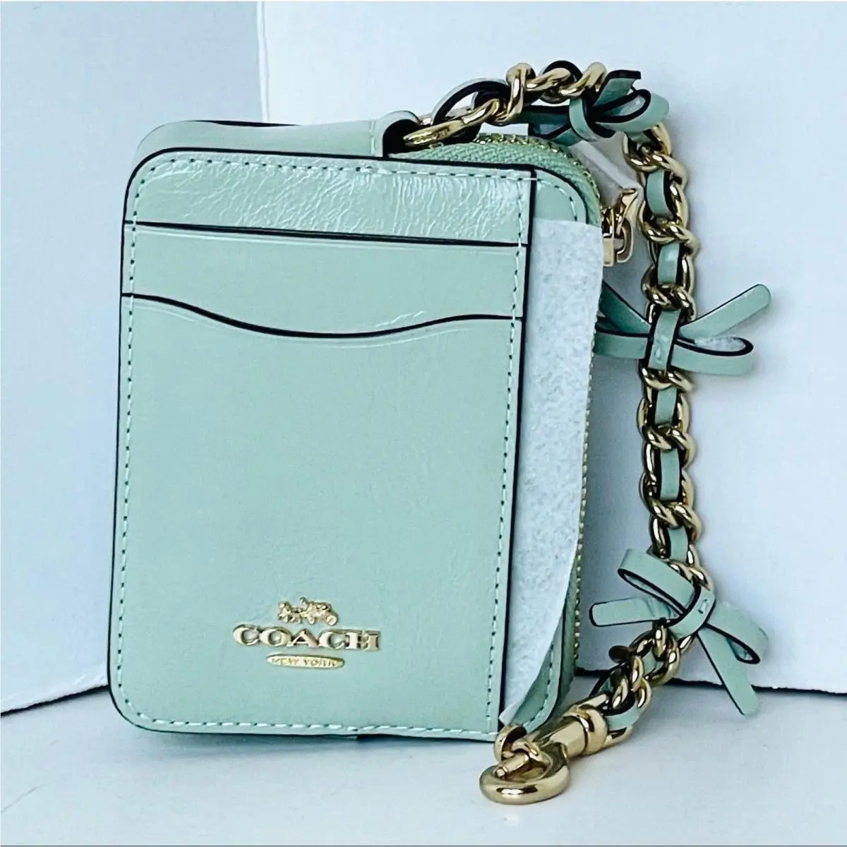 Zip Card Case CEC13 Pistachio Green Bow Leather ID Wallet Chain Strap by Coach
