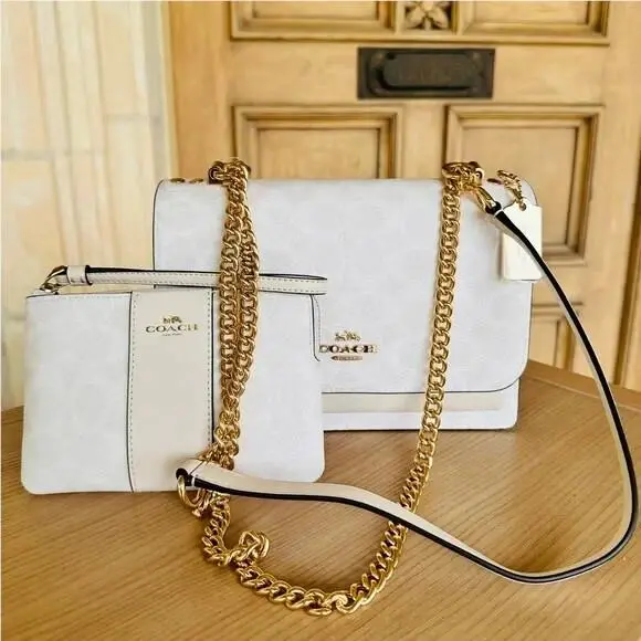 Klare Crossbody Chain Strap Bag Purse+corner Zip Wristlet Wallet White by Coach