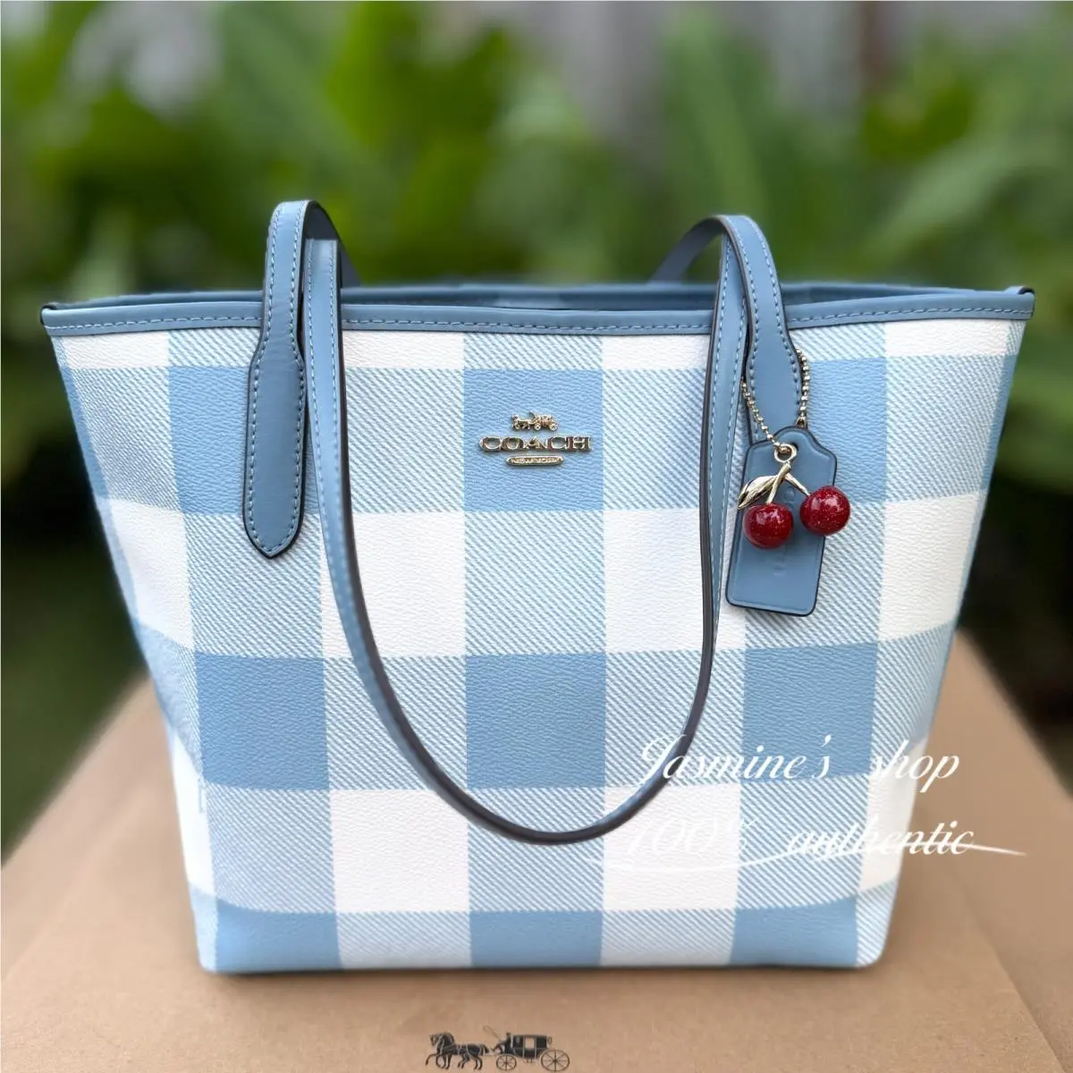 Medium City Tote Bag with Gingham Print and Charm CES66 Blue Multi by Coach
