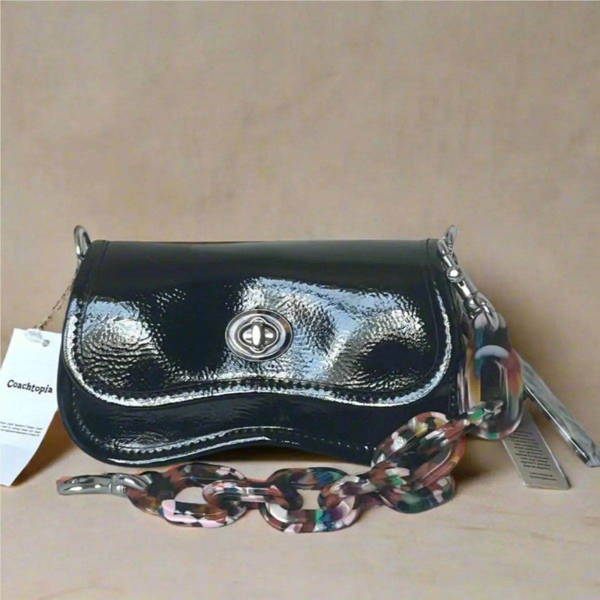 topia Mini Wavy Dinky Shoulder Bag Black Crinkle Patent CQ853 by Coach