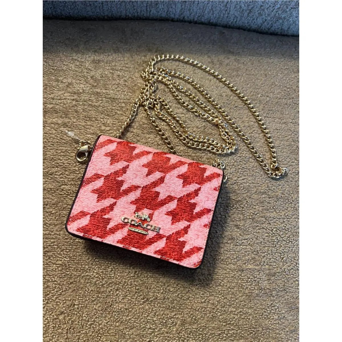 Mini Wallet ON A Chain with Hounstooth Print IN Pink by Coach