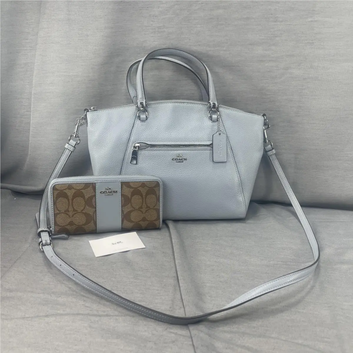 Prairie Satchel Crossbody Pebble Leather Bag Pale Blue Matching Wallet by Coach