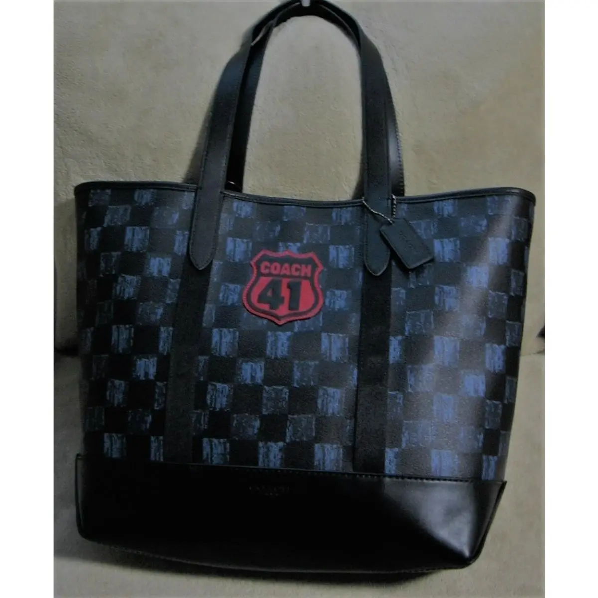 Large Plaid Blue Canvas Black Leather Shopper Laptop Tote Bag by Coach