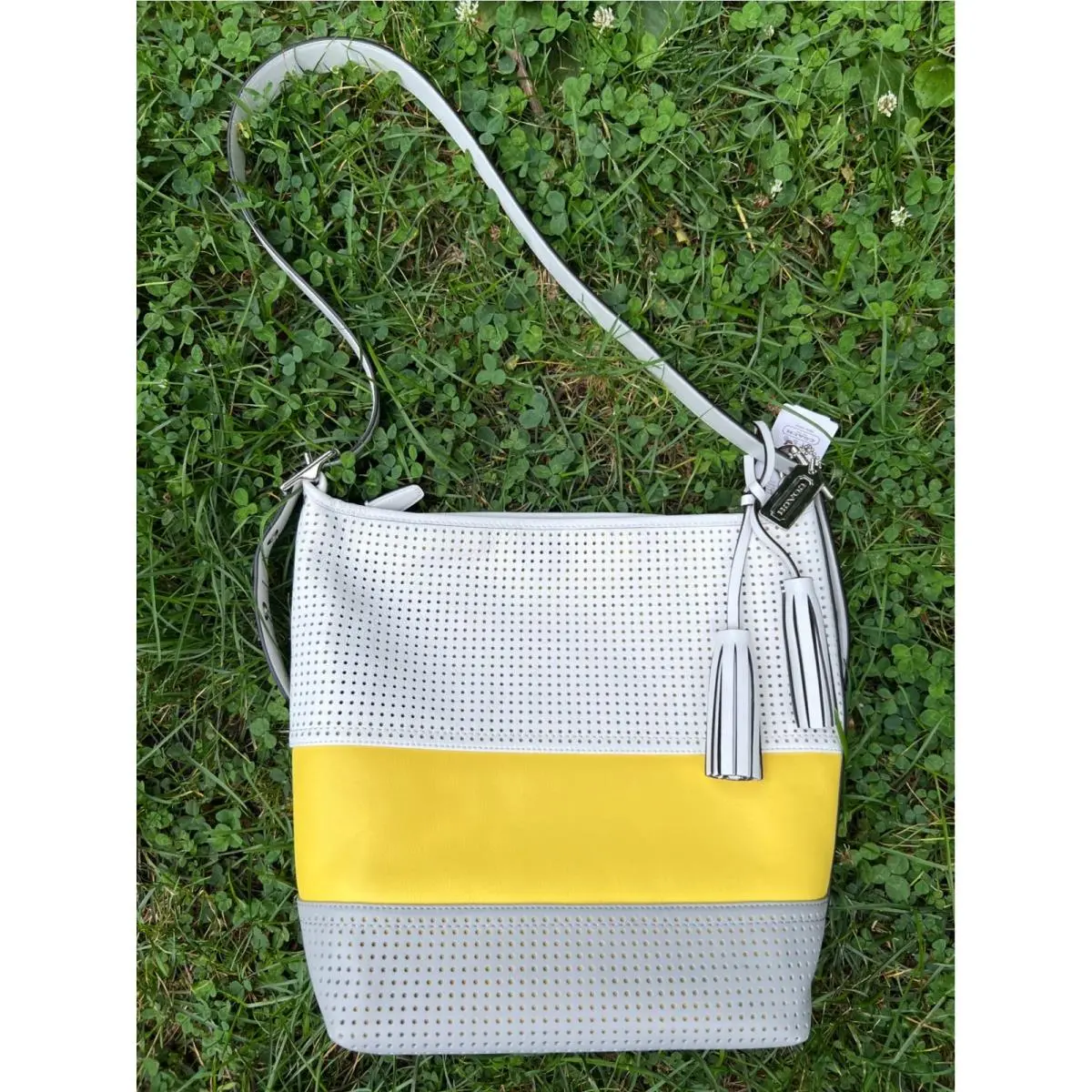 Legacy Perforated Leather Lemon Stripe Convertible Duffle Bucket Bag by Coach