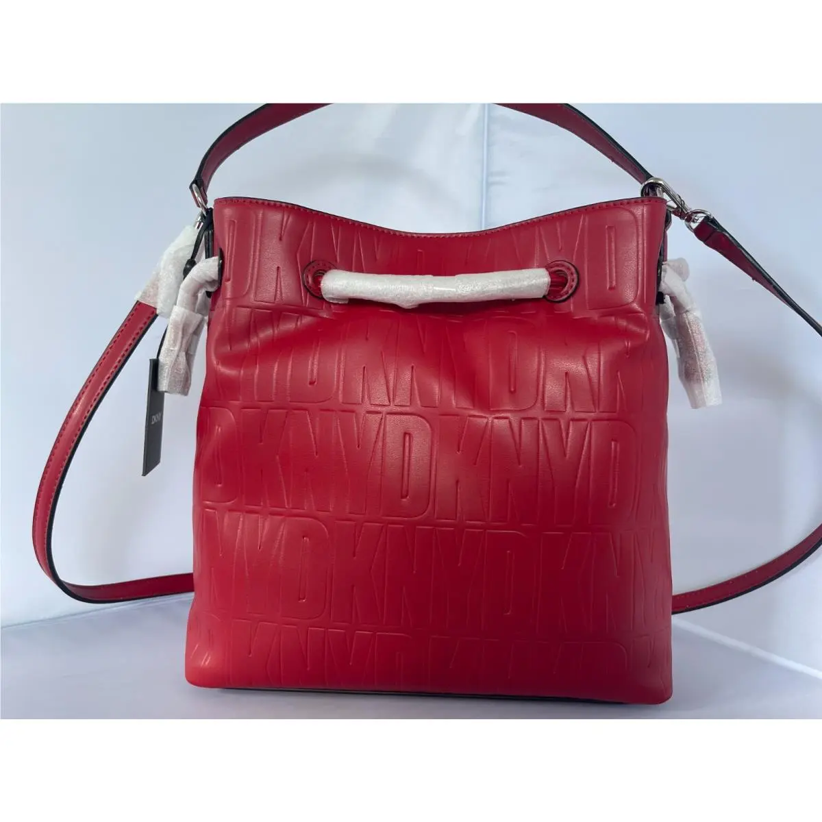 Dkny R13JVP96 Red Signature Logo Jody Drawstring Bucket Tote Shoulder Bag by DKNY