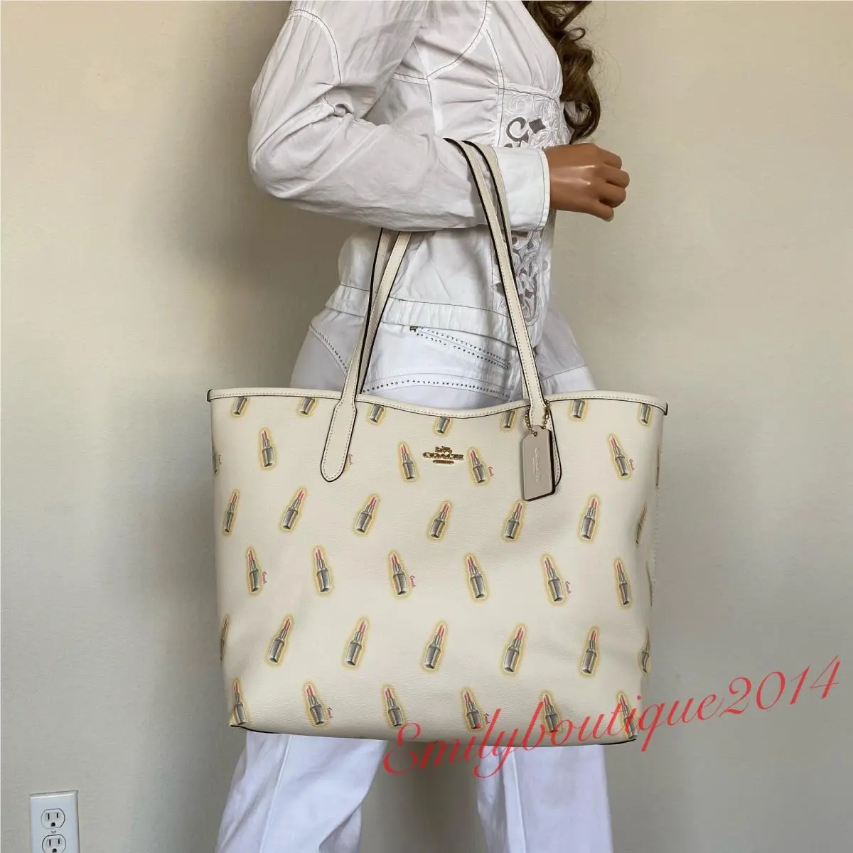 C3246 Lipstick City Tote Shoulder Bag Canvas Leather Chalk Saddle by Coach