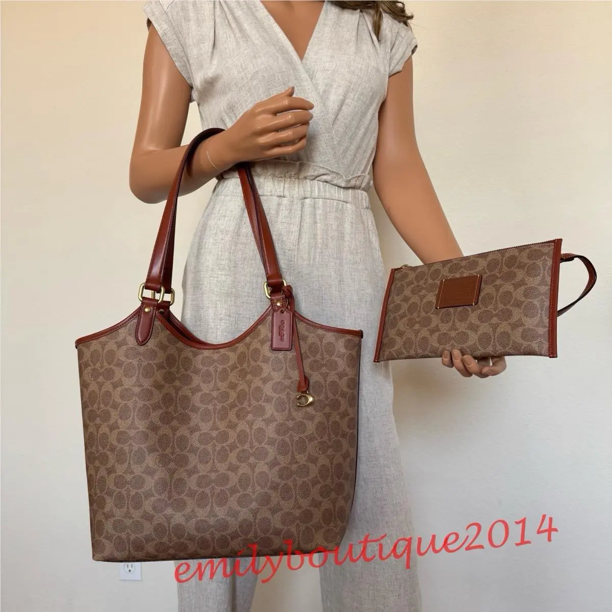 C6336 Day Tote In Signature Canvas Removable Zip Pouch Bag Tan Rust by Coach
