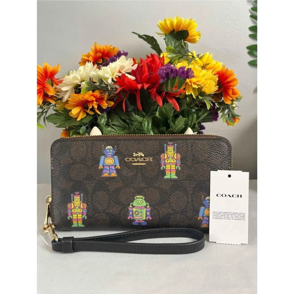 Robot Signature Print Walnut Brown Coated Canvas Zip Around Lg Wallet by Coach