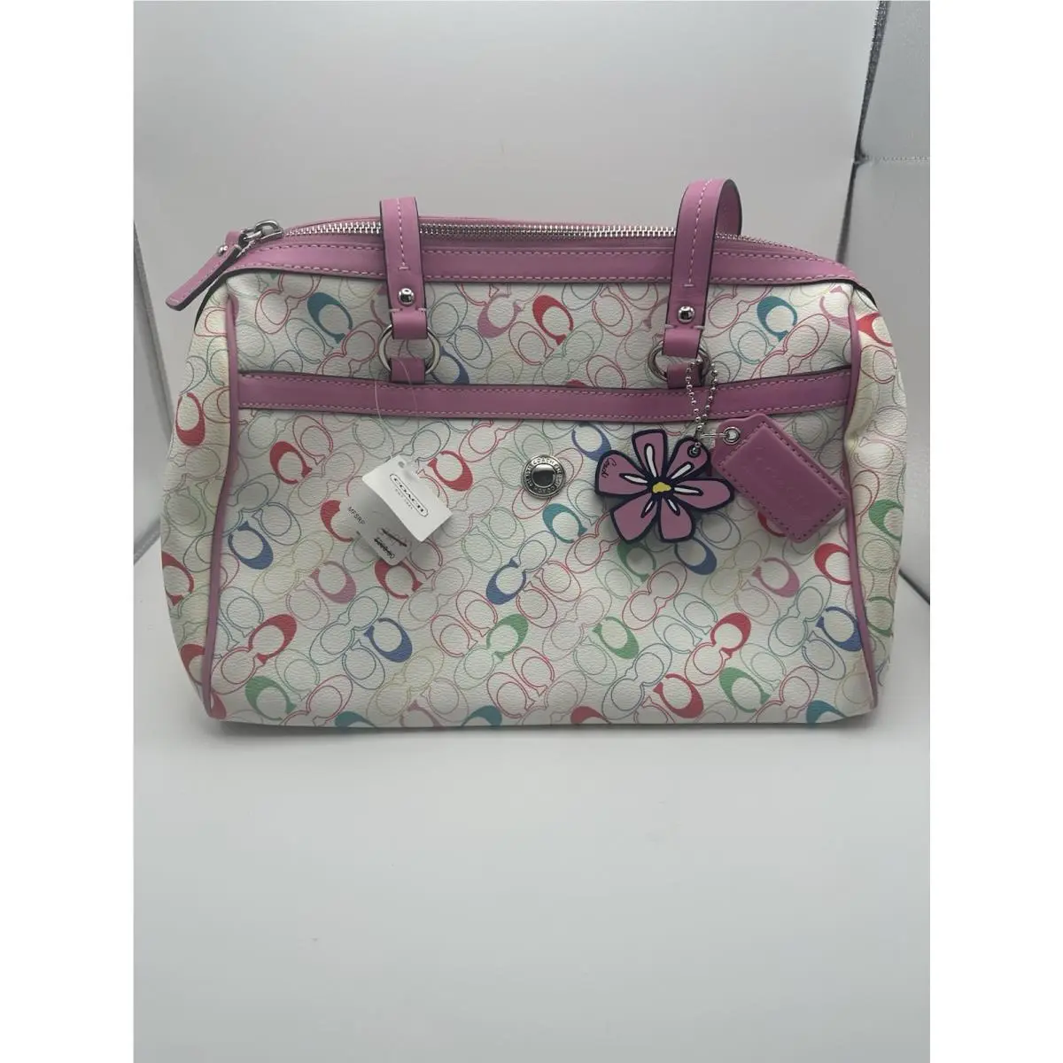 Signature Multicolor Logo Satchel Top Handle Bag Zip Pink Trim Gold HW by Coach