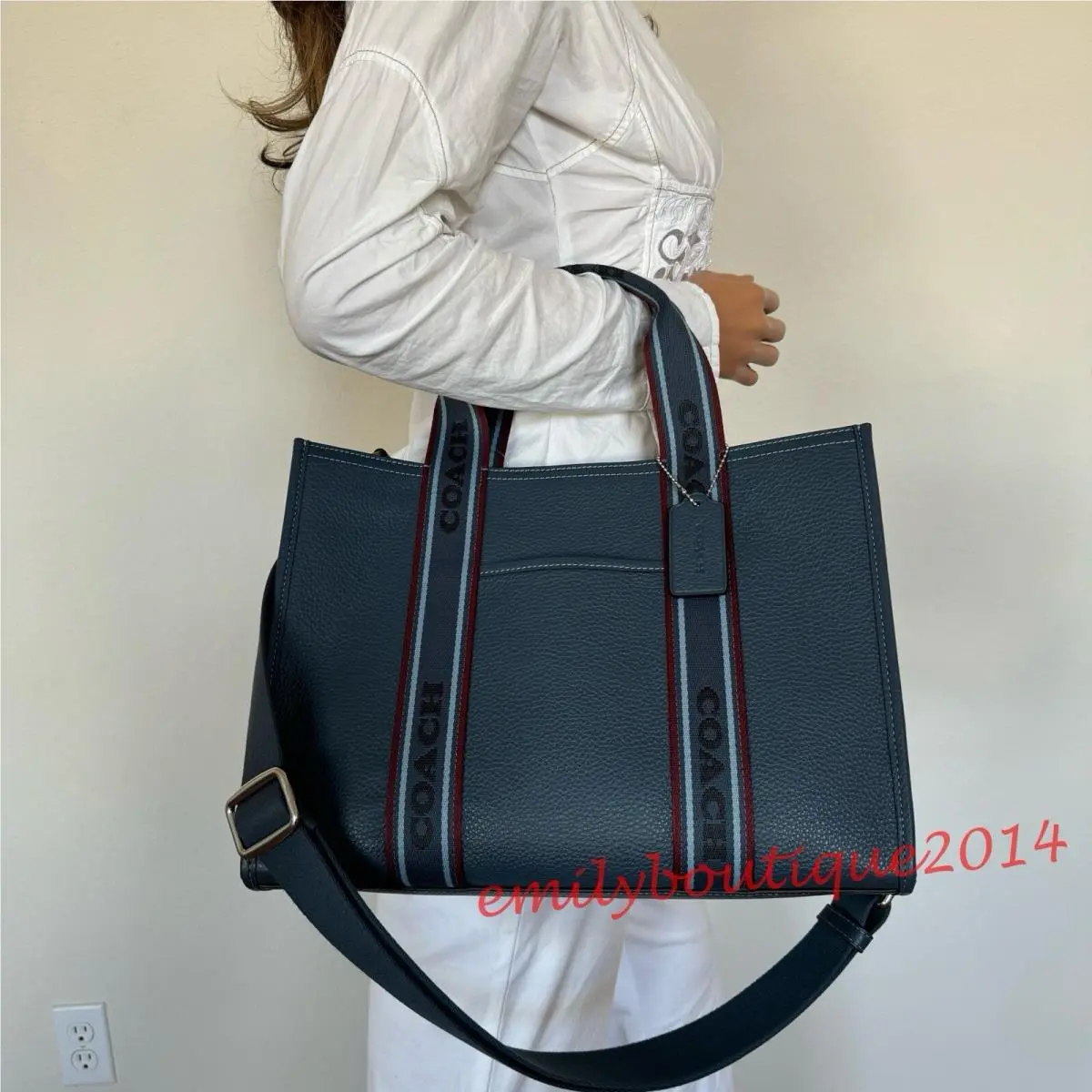 CU997 Smith Tote Pebble Leather Webbing Crossbody Bag Denim Blue by Coach