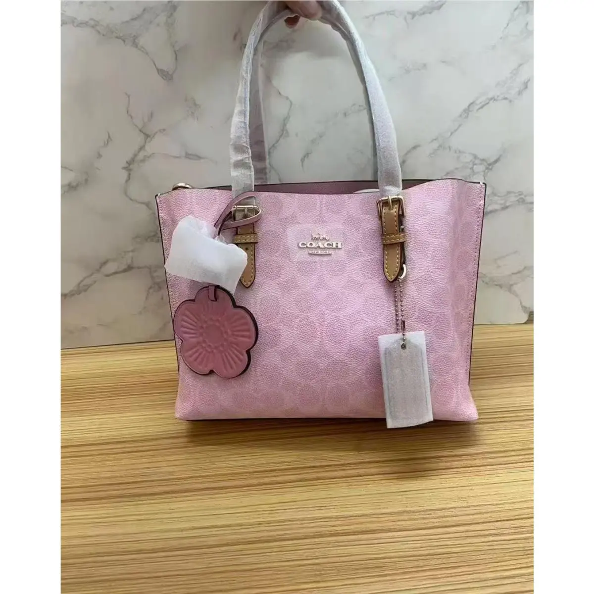 Mollie Tote Bag 25 In Signature Canvas with Charms Gold/powder Pink CER24 by Coach