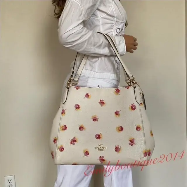 C5804 Hallie Shoulder Bag with Pop Floral Print Leather in Chalk by Coach
