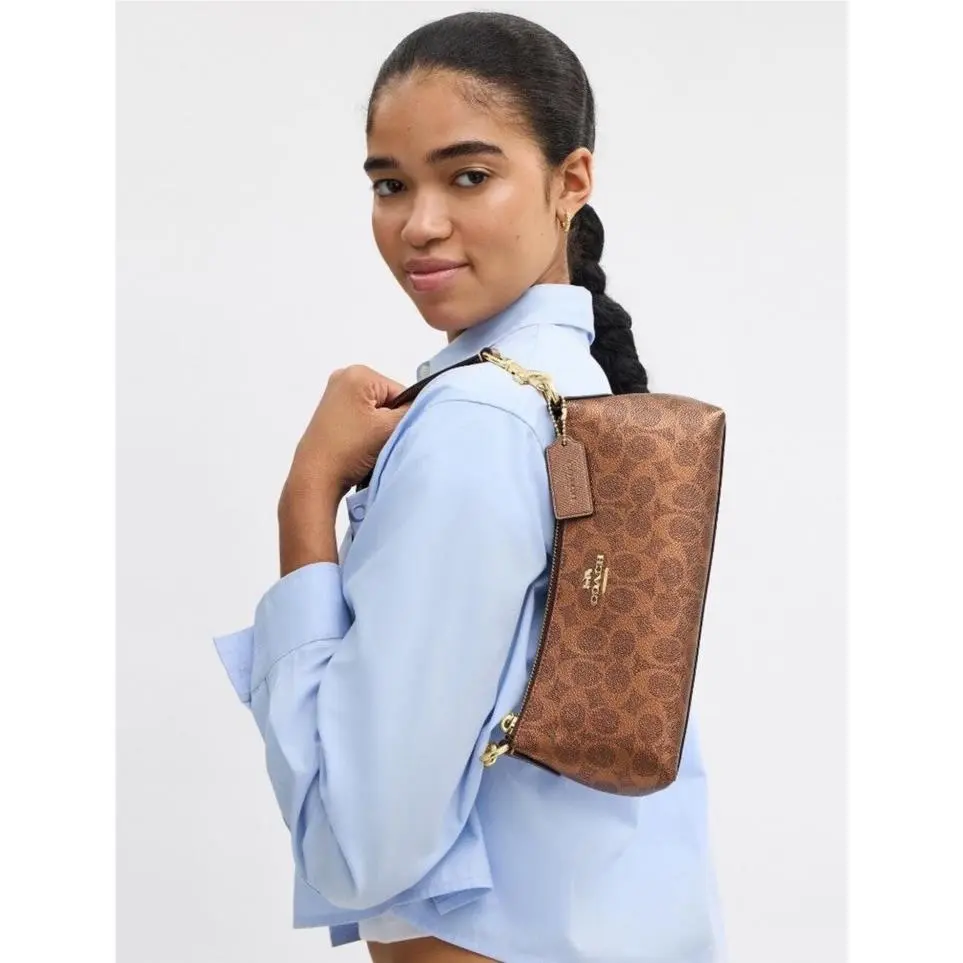 Charlotte Shoulder Bag Bronze Pearlized Signature Canvas Metallic Leather by Coach