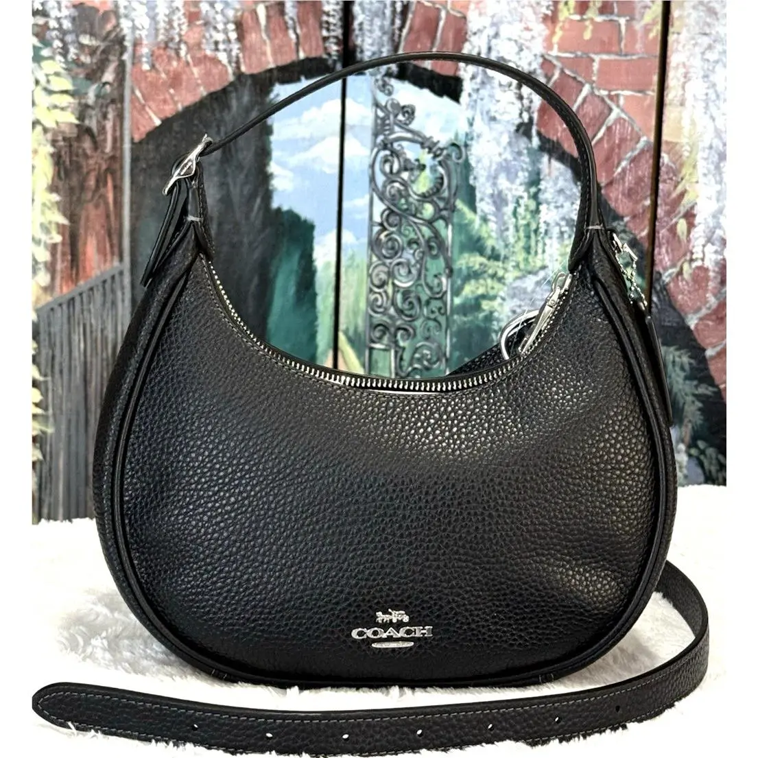 Emily Shoulder Crossbody Bag CDW87 In Black Pebbled Leather Silver by Coach