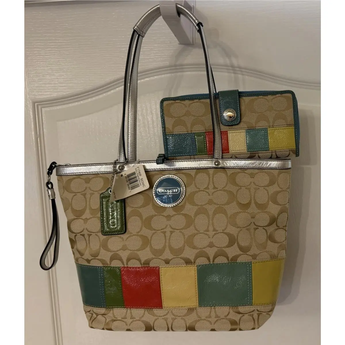 Vintage  Khaki Signature Multicolor Stripe Tote Bag Wallet Set by Coach