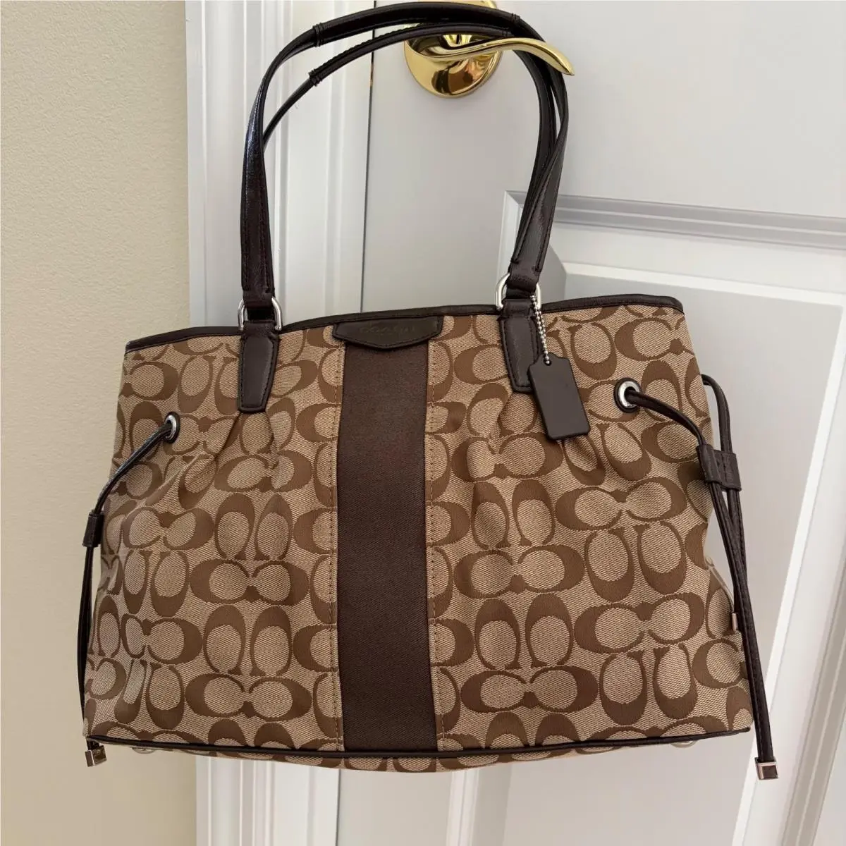 Signature Stripe Drawstring Carryall Bag F28501 Khaki/mahagony Color by Coach