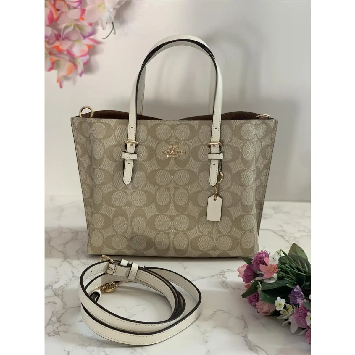 Mollie Tote 25 Bag Purse In Khaki/chalk Signature Canvas/leather C4250 by Coach