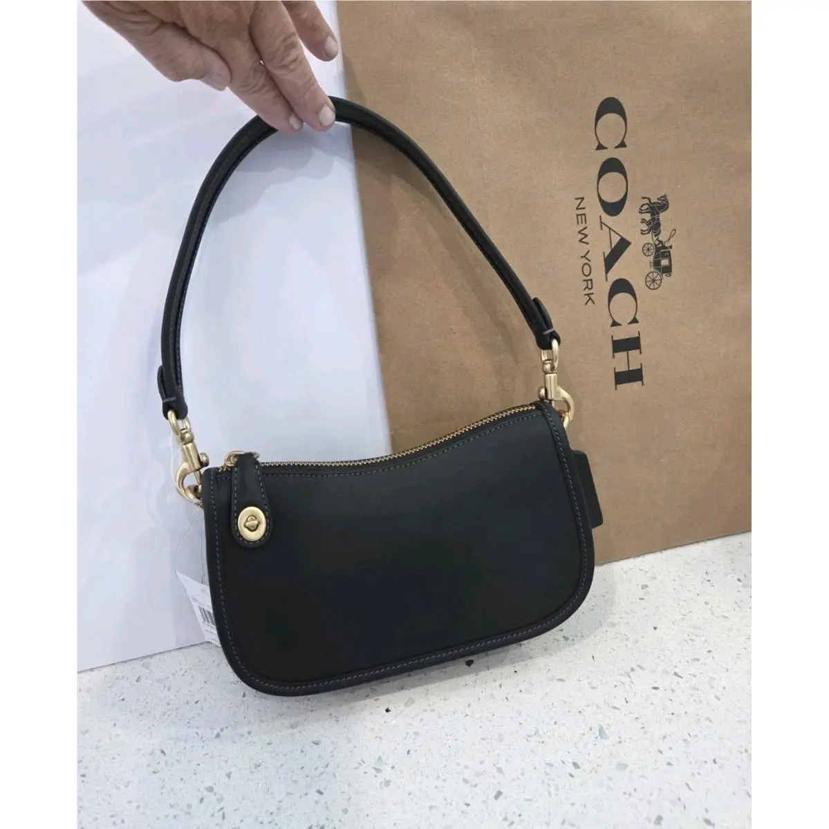 Swinger Bag Black Leather Brass Shoulder Handbag C2643 Turnlock by Coach