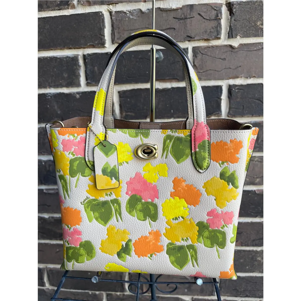 Willow Floral Print Tote CC389 Leather Multi Yellow Orange Ivory by Coach