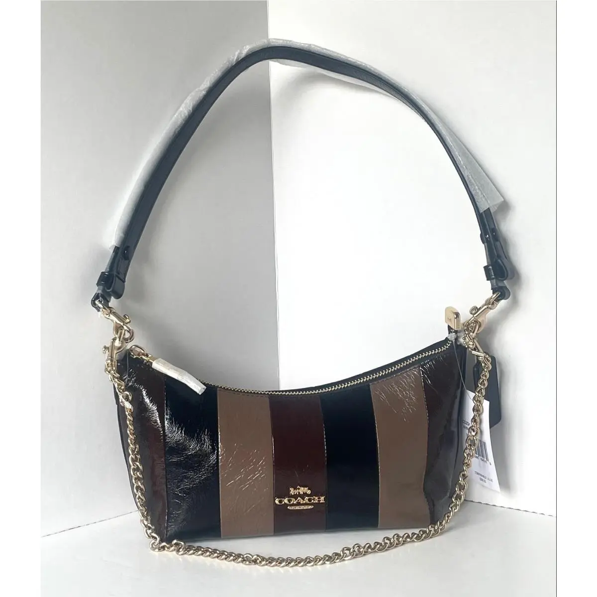 Caitlin Shoulder Bag Black Striped Patchwork Leather Chain Strap CDB12 by Coach