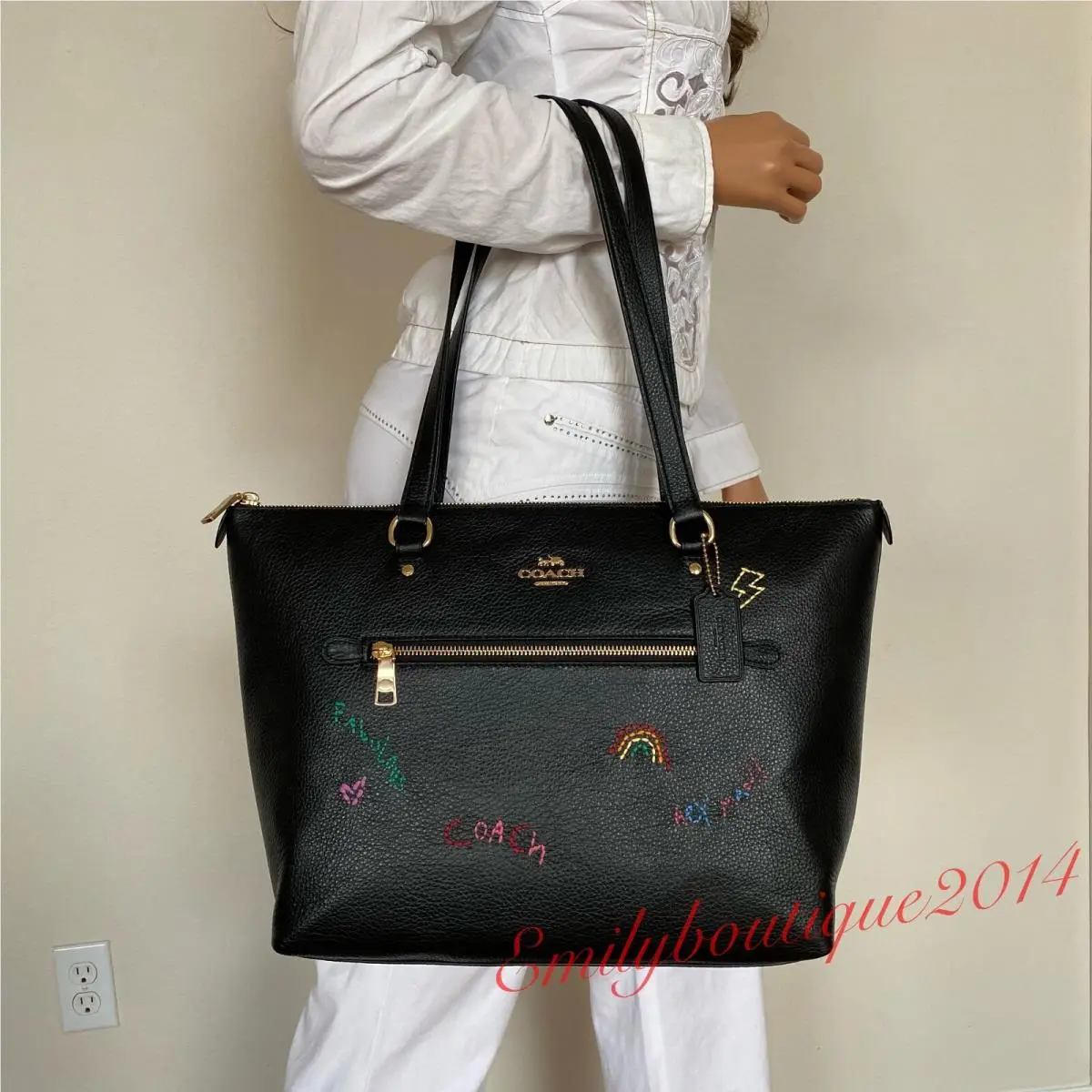 C8365 Gallery Tote Bag with Diary Embroidery in Pebble Leather Black by Coach