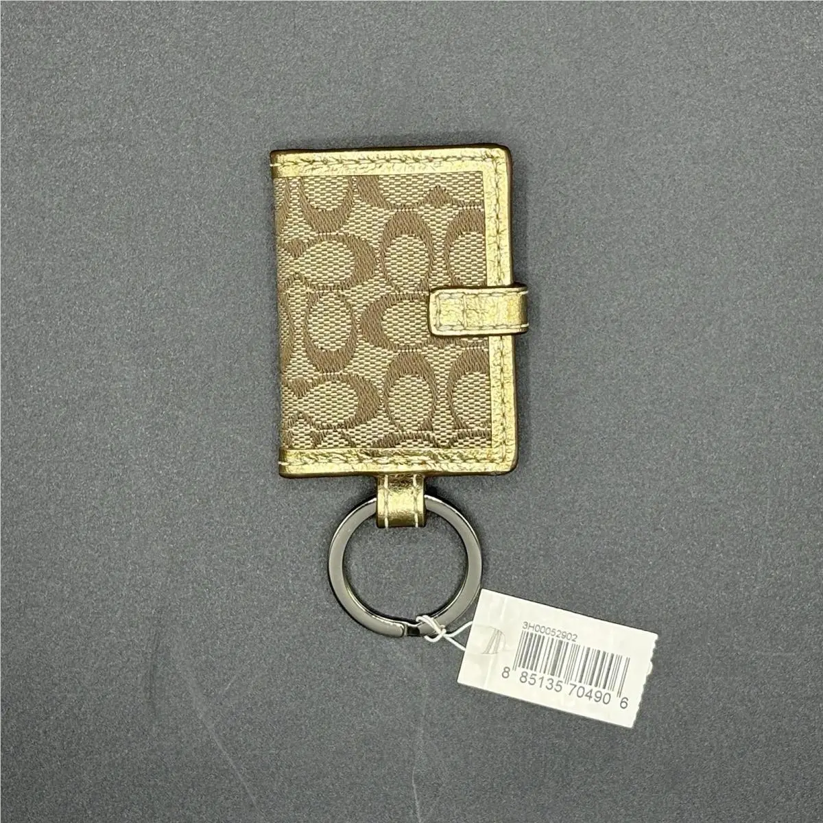 Signature Canvas Mini Photo Album Keychain Key Fob Khaki Gold Leather CT by Coach