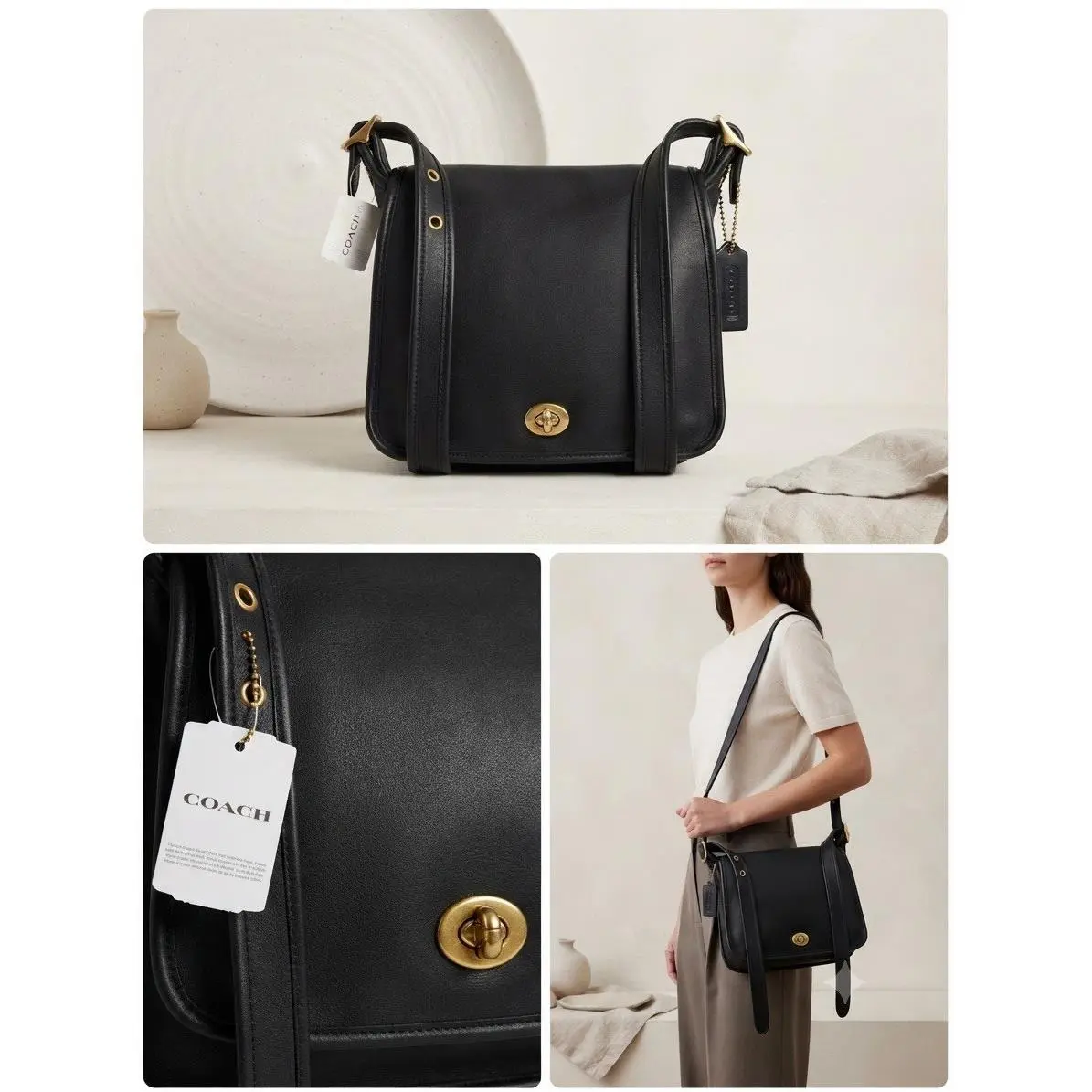 Vintage  Ramblers Legacy Crossbody Bag 9715 Black Leather Turnlock Purse by Coach