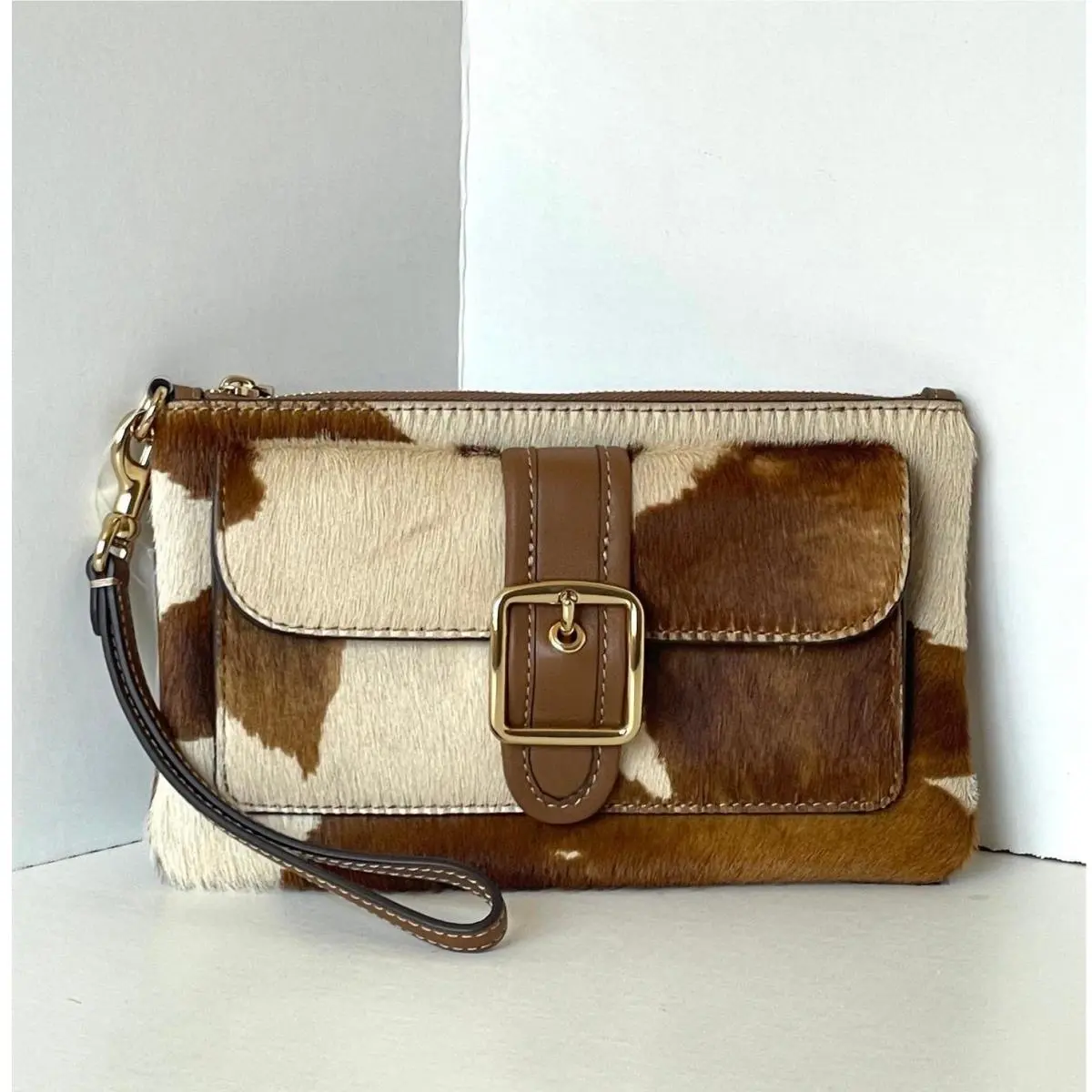 Ashton Wristlet CDY07 Haircalf Cow Print Leather Clutch Brown B by Coach