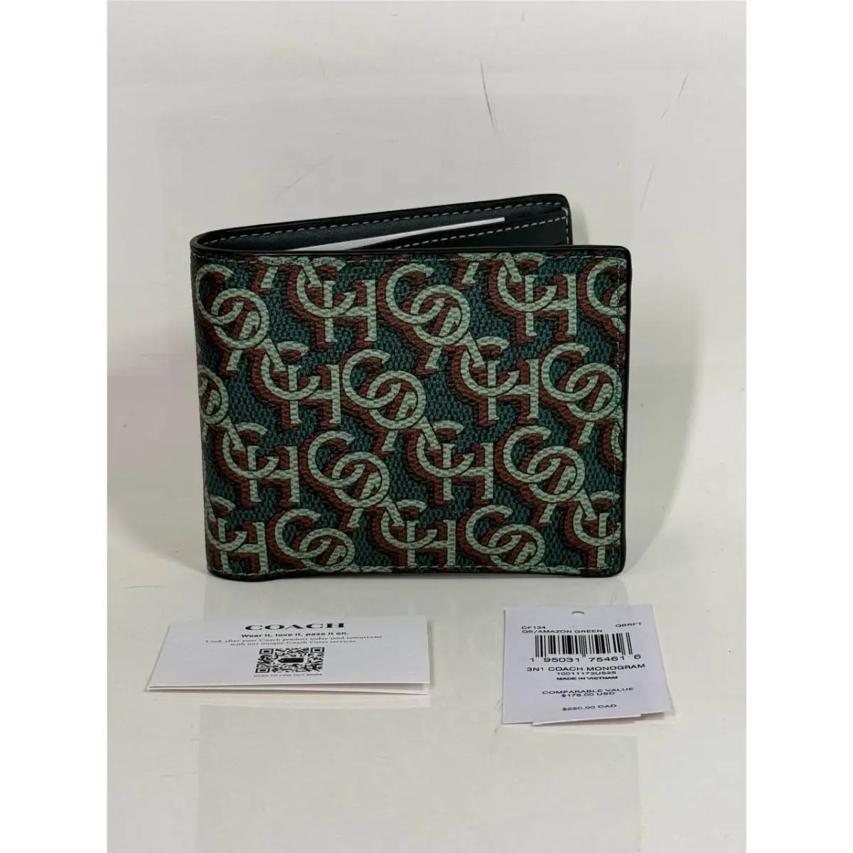 3-In-1 Bifold Wallet Monogram Print Green Men`s Leather CF134 by Coach