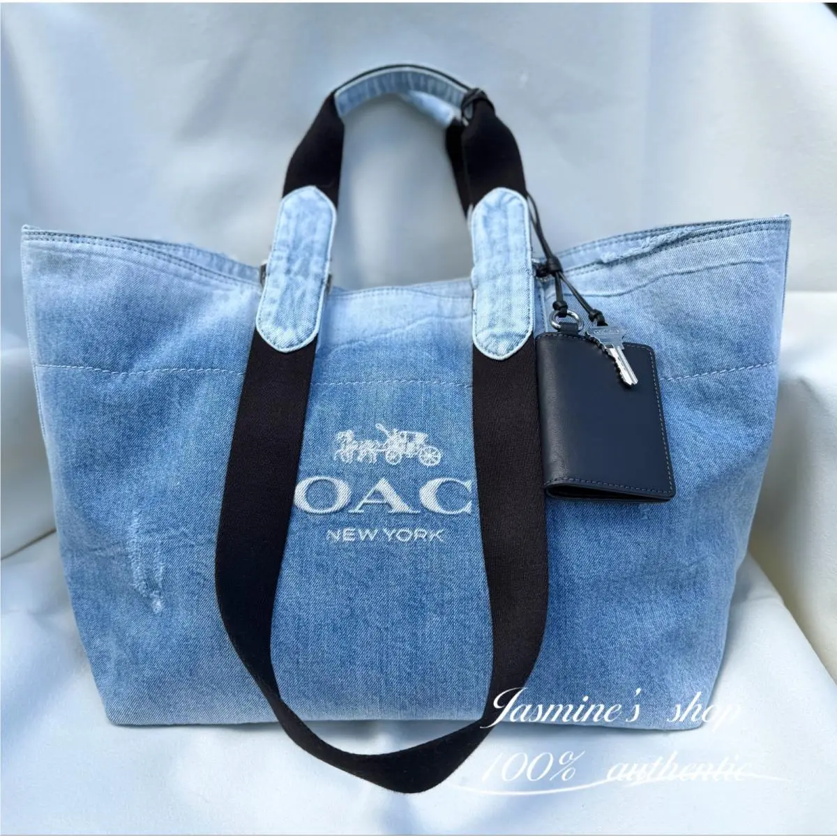Small Tour Tote Bag Ved Denim with Charms Silver/light Indigo CDY49 by Coach