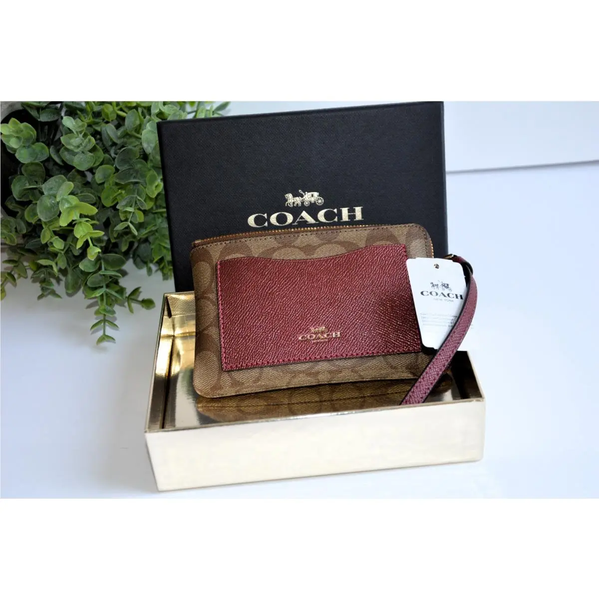 F22713 Khaki Signature Metallic Cherry Corner Zip Wallet by Coach