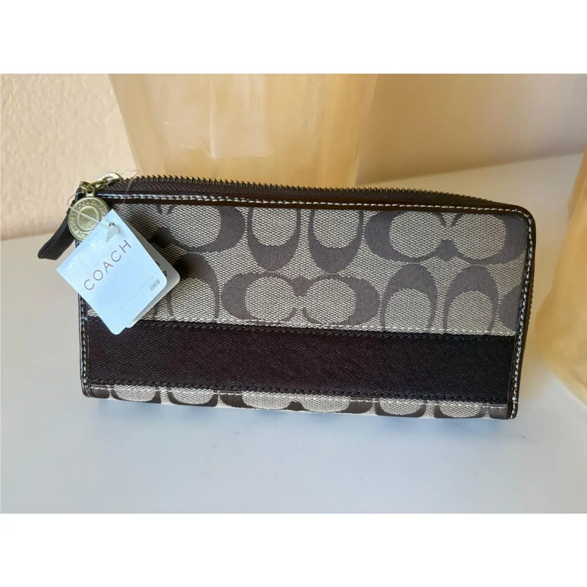 Signature Stripe Accordion Zip Around Wallet Khaki 40021 by Coach