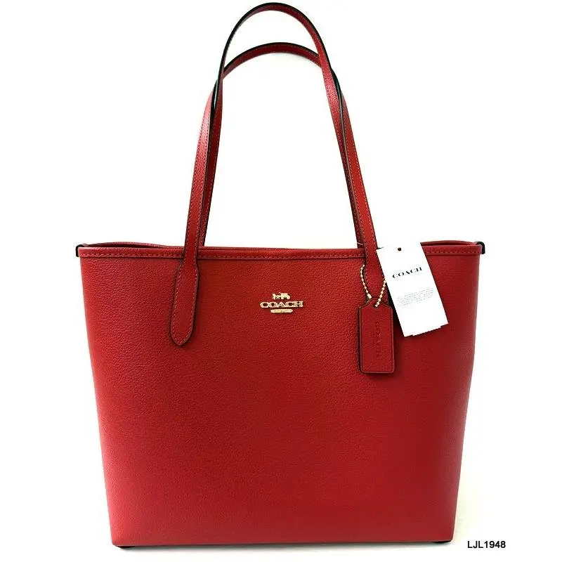 Medium City Pebbled Leather Tote Bag Bright Cardinal Red by Coach