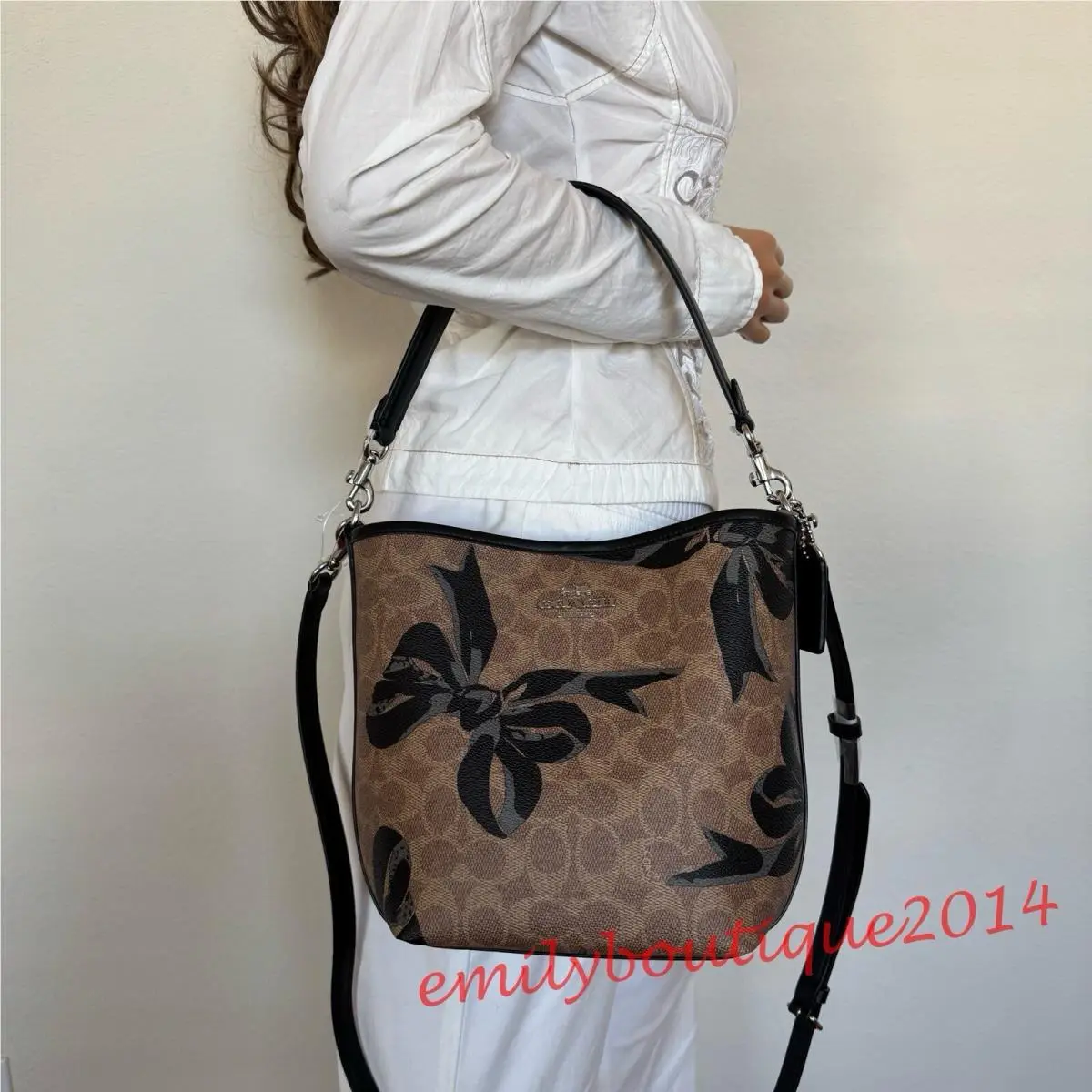 CY651 City Bucket Bag In Signature Canvas Bow Print Crossbody Tan Black by Coach